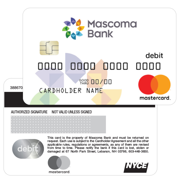 Mascoma bank debit card. White background with the mascoma bank logo and card number on the front and Mastercard logo