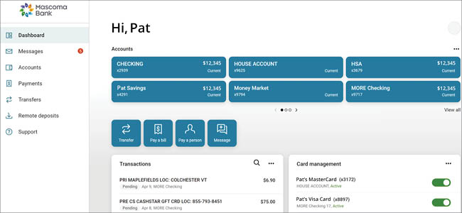 mascoma bank internet banking screen shot of the dashboard