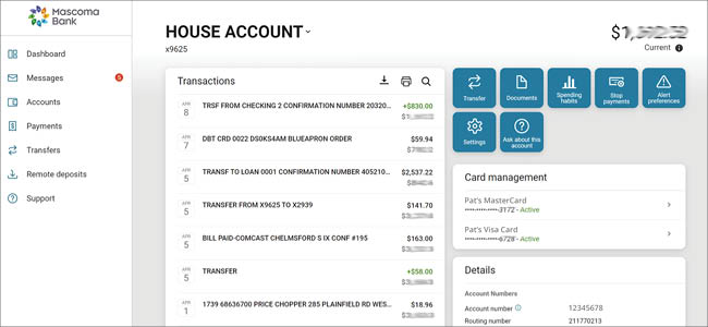 mascoma bank internet banking screen shot of the dashboard