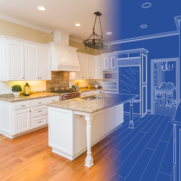 half and half picture of a renovated kitchen on one side and a blueprint on the other
